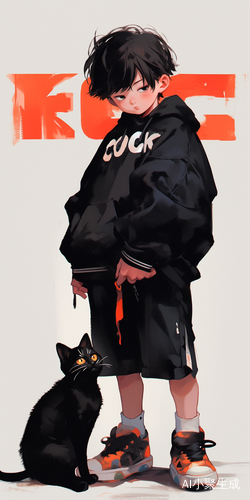 Dynamic composition in the style of bold lettering with a black cat and a boy