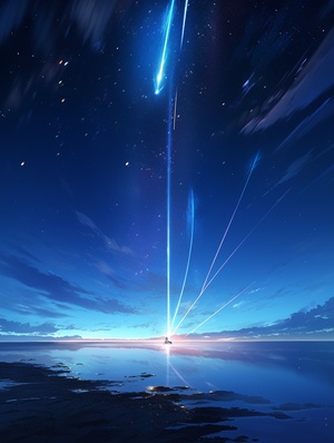 In,the,starry,sea,at,night,,a,dazzling,meteor,streaked,across,,capture,photography,,blueprint,,64K,,high,resolution