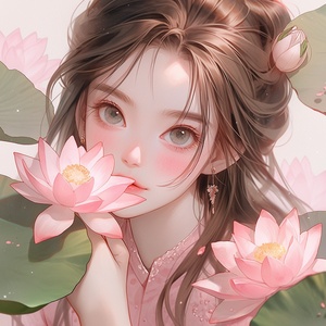 少女，荷花，粉色