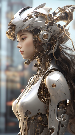 super,héros,girl,fixion,beautée,super,héros,en,or,metal,robotique,moderne,casque,futuriste,réaliste,photo