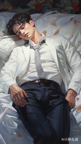 Man in White Suit Laying on Bed of Paper in the Style of Kris Knight, Yuumei, Shinyglossy, Zhang Jingna, Wet-on-wet Blending, Detailed Costumes, Translucent Colorar 3:4