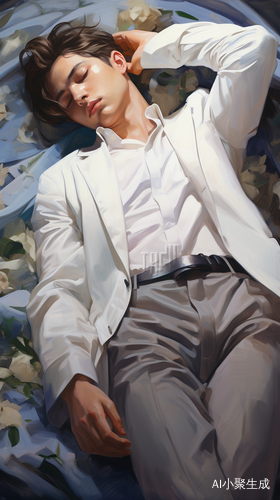 Man in White Suit Laying on Bed of Paper in the Style of Kris Knight, Yuumei, Shinyglossy, Zhang Jingna, Wet-on-wet Blending, Detailed Costumes, Translucent Colorar 3:4