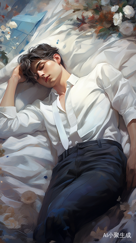 Man in White Suit Laying on Bed of Paper in the Style of Kris Knight, Yuumei, Shinyglossy, Zhang Jingna, Wet-on-wet Blending, Detailed Costumes, Translucent Colorar 3:4