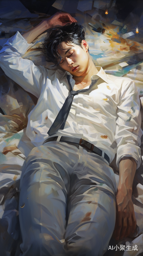 Man in White Suit Laying on Bed of Paper in the Style of Kris Knight, Yuumei, Shinyglossy, Zhang Jingna, Wet-on-wet Blending, Detailed Costumes, Translucent Colorar 3:4