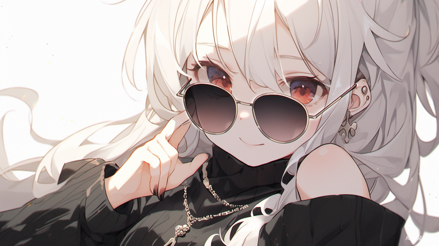 可爱的小女孩戴着墨镜和白发的黑衣服
