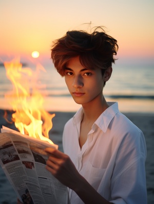 Hideaki,Hamada,,18,years,old,boy,with,short,hair,and,a,white,shirt,,Newspaper,on,fire,,students,,seaside,,sunset,glow,,85mm,focal,length,,Face,close-up,,clear,subject,,light,,bright,,soft,,minimalist,ar,3:4