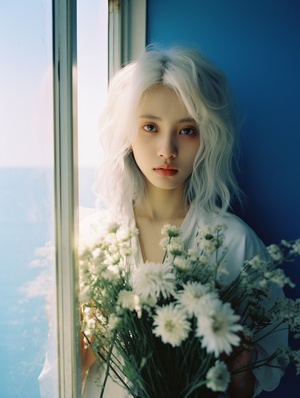 Sea,level,,there,is,a,door,,A,Korean,girl,with,white,hair,A,Korean,girl,with,white,hair,,Several,small,flowers,adorned,on,a,light,blue,background,,24,mm,film,stil,shot,on,Kodachrome,capturing,a,beautiful,Caucasian,18-year-old,girl,stood,with,a,mirror,in,her,arms,,reflecting,her,face,and,surrounded,by,flowers,,Bright,and,cheerful,lighting,,with,the,sun,casting,a,warm,glow,on,the,subject's,faces.,Joyful,,convivial,energy.,A,warm,and,loving,moment.50mm,