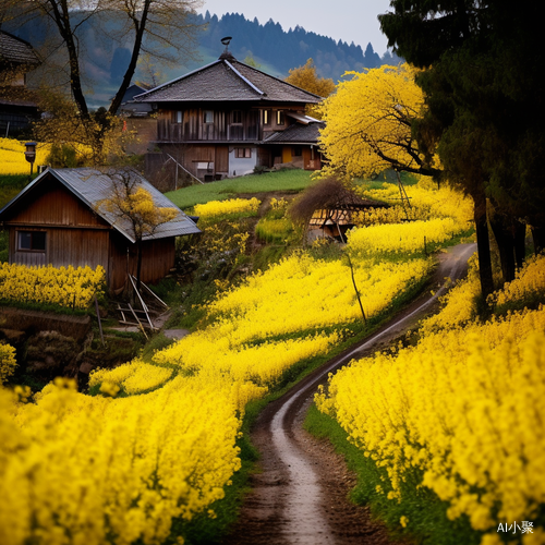 小山村的小木屋与满山油菜花