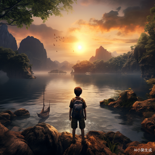 湖边男孩的日出景观