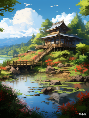 Anime Scenery of a Japanese House with a Pond and Bridge