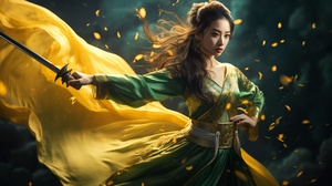 Oriental,style,beauty,,,sword,in,hand,,,sword,dancing,,,green,and,gold,clothing,,,a,glowing,golden,dragon,walking,behind,,,realistic,and,ethereal,style,,,Eastern,Zhou,Dynasty,,,the,background,of,the,picture,is,the,strong,air,flow,of,the,picture,impact,,8k,,fantasy,,,allegorical,,,animation,style,,,epic,ink,mixing,lens,,,shining,blue,magic,light,.,Abstract,image,,,intense,light,,,Rembrandt,lighting,,,style,in,fluid,color,combination,,,surreal,water,,,shine,gloss,-