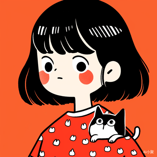 Cute Cartoon Girl with Cat in Keith Haring Style