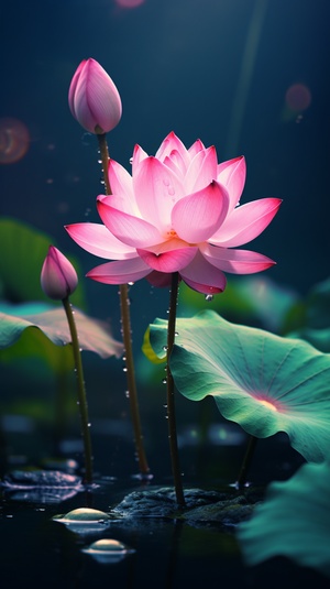 a,pink,lotus,flower,in,water,with,a,drop,of,water,,in,the,style,of,eastern,zhou,dynasty,,photo-realistic,landscapes,,creative,commons,attribution,,red,and,green,,walter,launt,palmer,,water,drops,,massurrealism