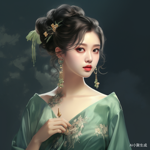 新中式女装：淡绿色旗袍搭配盘发、发簪、珍珠耳环、翡翠手镯