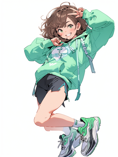 绿色女孩的热情笑容与蓝绿色运动鞋