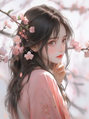 少女，黑色头发，甜美，桃花