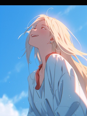 Joyful and Optimistic: Anime Wallpaper of a Beautiful Woman with Long Blonde Hair