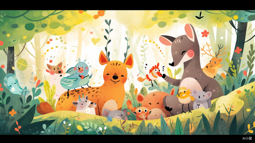 Vibrant Children's Book Illustration: Animal Friends' Adventure in Lush Forest