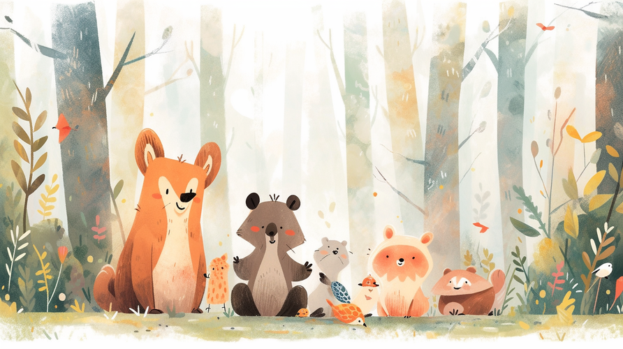 Vibrant Children's Book Illustration: Animal Friends' Adventure in Lush Forest