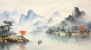 国风水墨画，山水华庭，有毛笔字的文字解说，远景高云耸立，山沉于云雾之中，翠色随人欲上船，于亭中是一抹艳红，山下小桥流水，老者泛舟，平静水面泛起波痕，路人行于小桥，落雨纷纷，岁浪而生。近景忽见几只数梅，梅花艳丽，娇艳动人，水色顺娇花而落，嘀嗒飞溅四起，也折射出阴雨绵绵