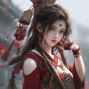 A,Chinese,girl,,dressed,in,redChinese,hanfu,,with,embroidery,,jade,pendant,and,a,lot,of,details,,holding,a,traditionalChinese,weapon,sword,in,her,hand,,looking,at,the,camera,,Xiufu,Kojima,,Yan,Juncheng,Neoclassicism,,animation,style,,light,and,shade,contrast,,first,person,perspective,,super,many,character,details,,UHD,,high,detail