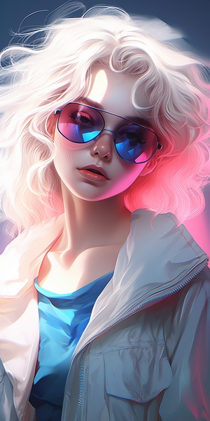 a,fashion,woman,wearing,pink,sunglasses,and,white,blond,hair,,full,body,in,the,style,of,anime,aesthetic,,atey,ghailan,,dark,cyan,,cute,and,colorful,,animation,,dark,white,and,light,cyan,,closeup,,portrait,facing,the,cameraSmiling,flat,illustration,,minimalism,geometric,shapes,,clean,shinyglossy