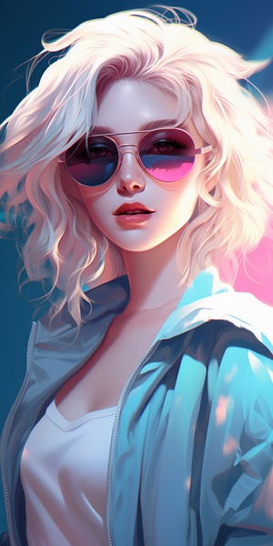 a,fashion,woman,wearing,pink,sunglasses,and,white,blond,hair,,full,body,in,the,style,of,anime,aesthetic,,atey,ghailan,,dark,cyan,,cute,and,colorful,,animation,,dark,white,and,light,cyan,,closeup,,portrait,facing,the,cameraSmiling,flat,illustration,,minimalism,geometric,shapes,,clean,shinyglossy