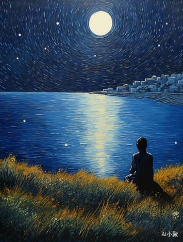 Boy Watching Ocean from Smooth Hill in Pointillism Style