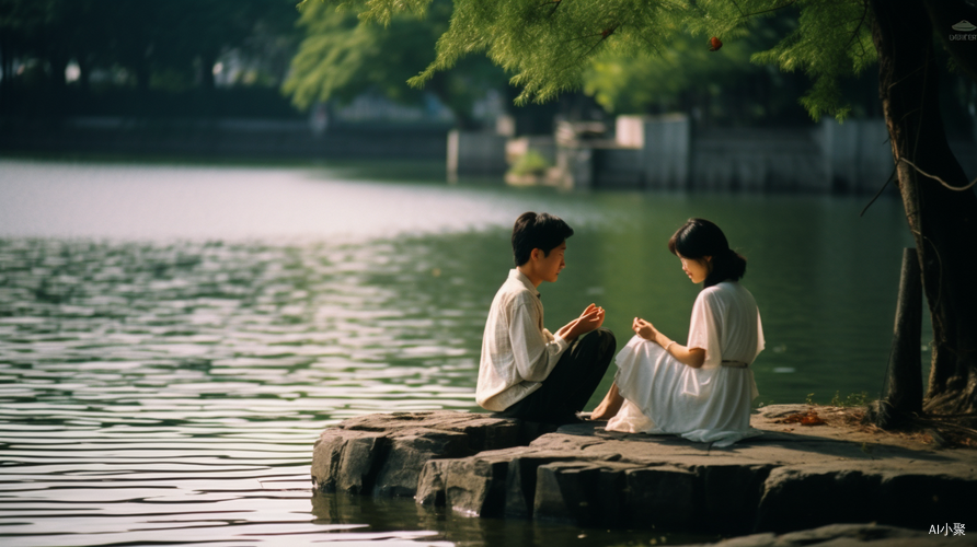 逼真老照片：中国年轻夫妇在西湖附近游玩