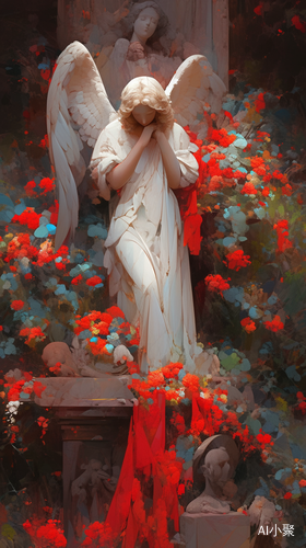 Vibrant Statues: Angel Prays in the Red Shore Flower