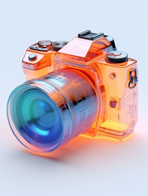 3D,rendering,of,transparent,Camera,,gradient,translucent,glass,molten,body,,Orange-blue,gradient,background,,Right-hand,view,of,the,complete,model,isometric,,White,background,8k,,hd