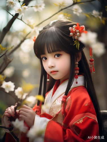 10岁可爱女孩在美丽的花园中展现汉服风采
