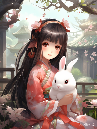 8K动漫美少女抱兔子，圆脸蛋大眼睛非常可爱
