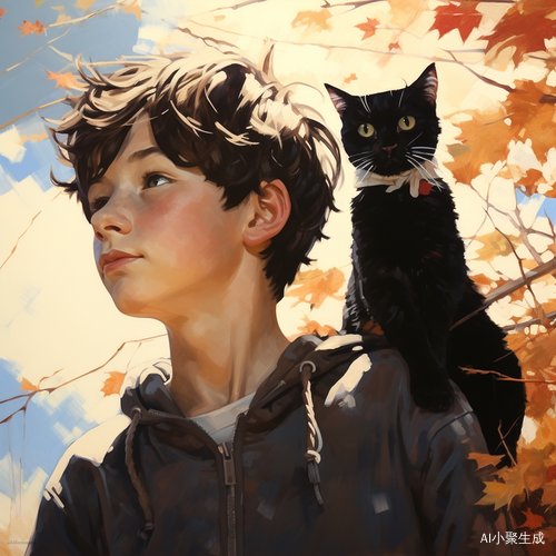 男生与缅因猫在秋阳下