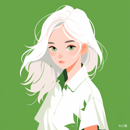 漂亮中国白发少女，绿眼睛，极简主义抽象插画