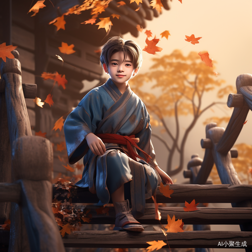 自信迷人的蓝色汉服小男孩坐在木结构台阶上