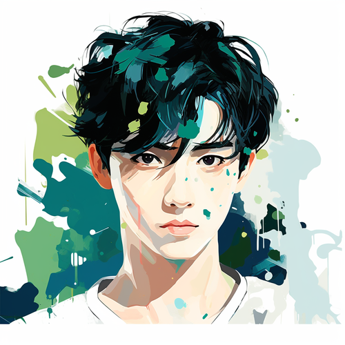 中国黑发男生绿眼极简主义画家风格的插画作品