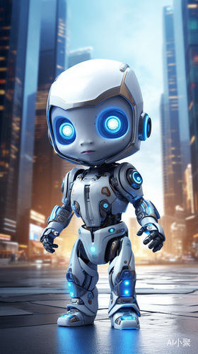 Illustration of a cute baby robot with blue eyes in a futuristic city