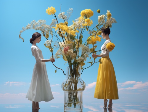 two,women,holding,a,giant,vase,of,flowers,in,their,hands,,in,the,style,of,manipulated,photography,,light,azure,and,yellow,,hyper-realistic,representation,,metropolis,meets,nature,,made,of,flowers,,uniformly,staged,images,,surrealistic