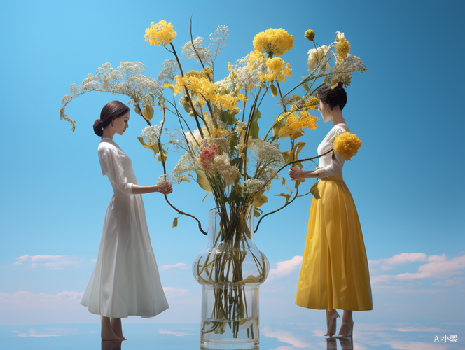 Two Women Holding Giant Vase of Flowers: Manipulated Photography meets Hyper-Realistic Representation