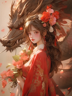 an,anime,girl,and,dragon,hair,in,red,colored,clothing,with,a,flower,headdress,,in,the,style,of,zhang,jingna,,dark,white,and,light,bronze,,32k,uhd,,serene,faces,,trick,of,the,eye,paintings,,emphasis,on,facial,expression,,indian,scenes,ar,16:20