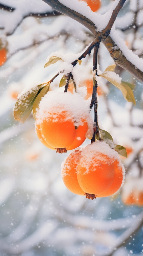 柿子树挂了两颗熟透了的柿子，白色的雪覆盖天空下雪，超分辨率，超高清，大师杰作