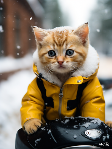 送外卖工的小猫骑着摩托车在下雪天