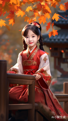 五岁中国小女孩自信微笑，红色汉服下秋天的枫叶景色