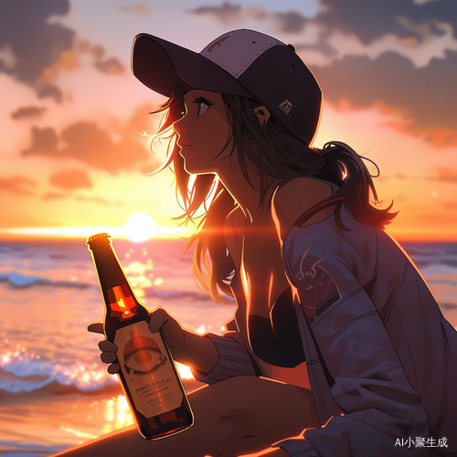 夕阳女孩、沙滩和柯基