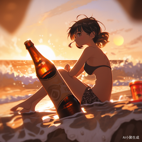 夕阳女孩、沙滩和柯基