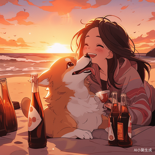 夕阳女孩、沙滩、啤酒瓶与柯基