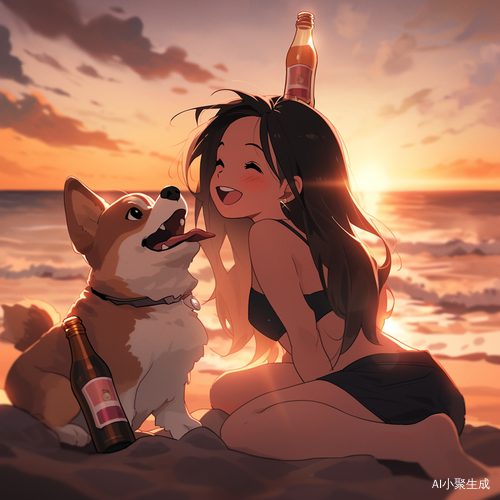 夕阳女孩、沙滩、啤酒瓶与柯基