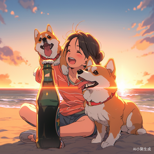夕阳女孩、沙滩、啤酒瓶与柯基