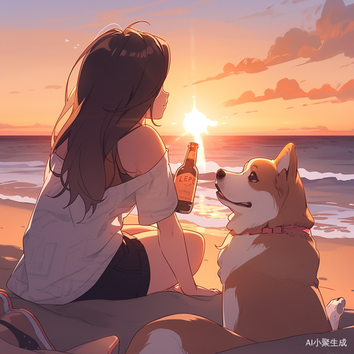 夕阳女孩、沙滩、啤酒瓶与柯基